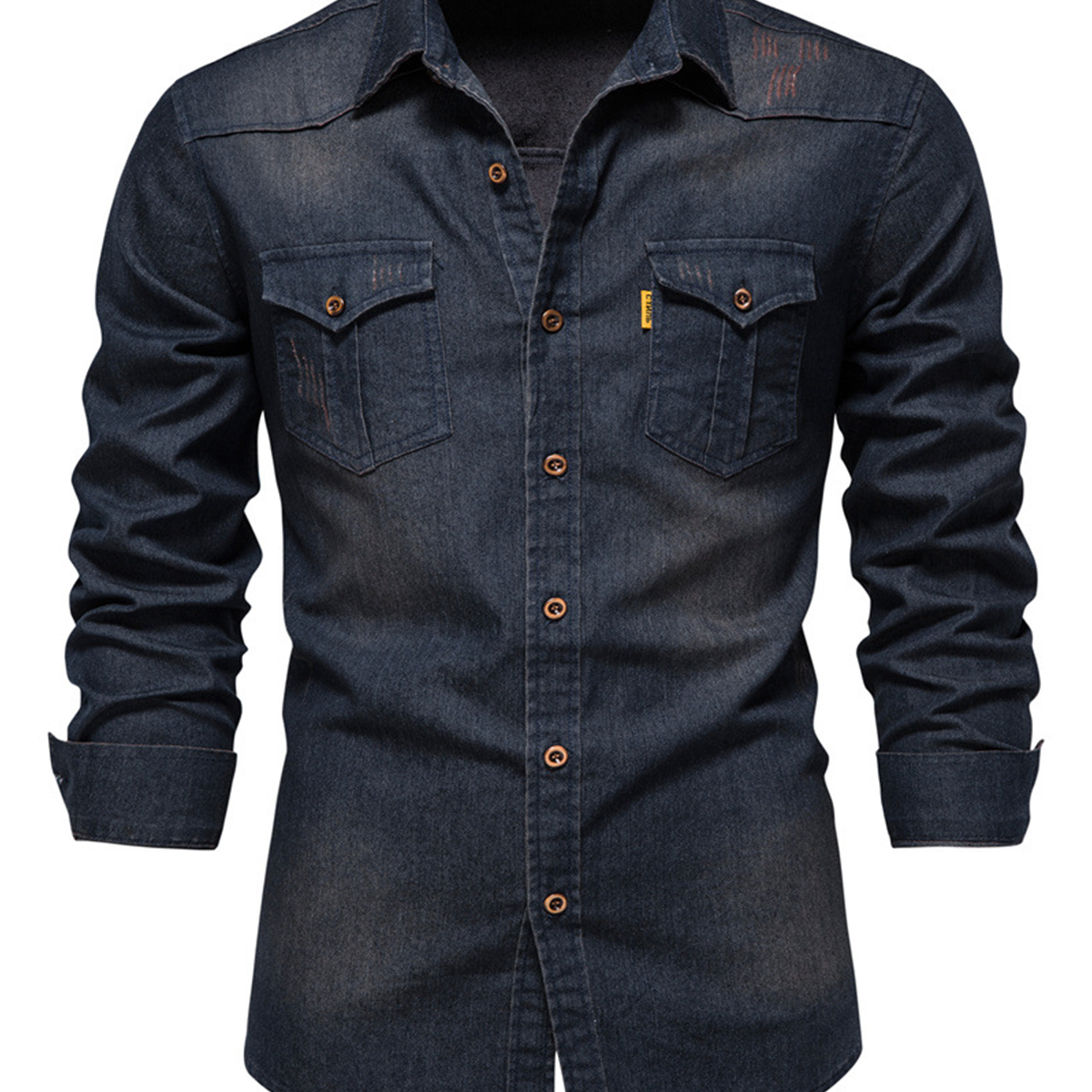 Chemise à manches longues décontractée en coton vintage avec poche en denim pour hommes