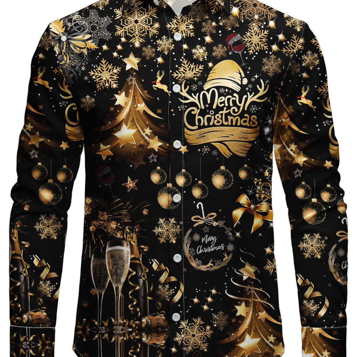 Chemise à manches longues pour homme avec imprimé champagne et joyeux Noël doré