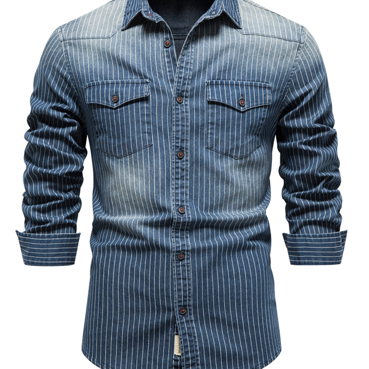 Chemise à manches longues en coton vintage avec poche à rayures en denim pour hommes