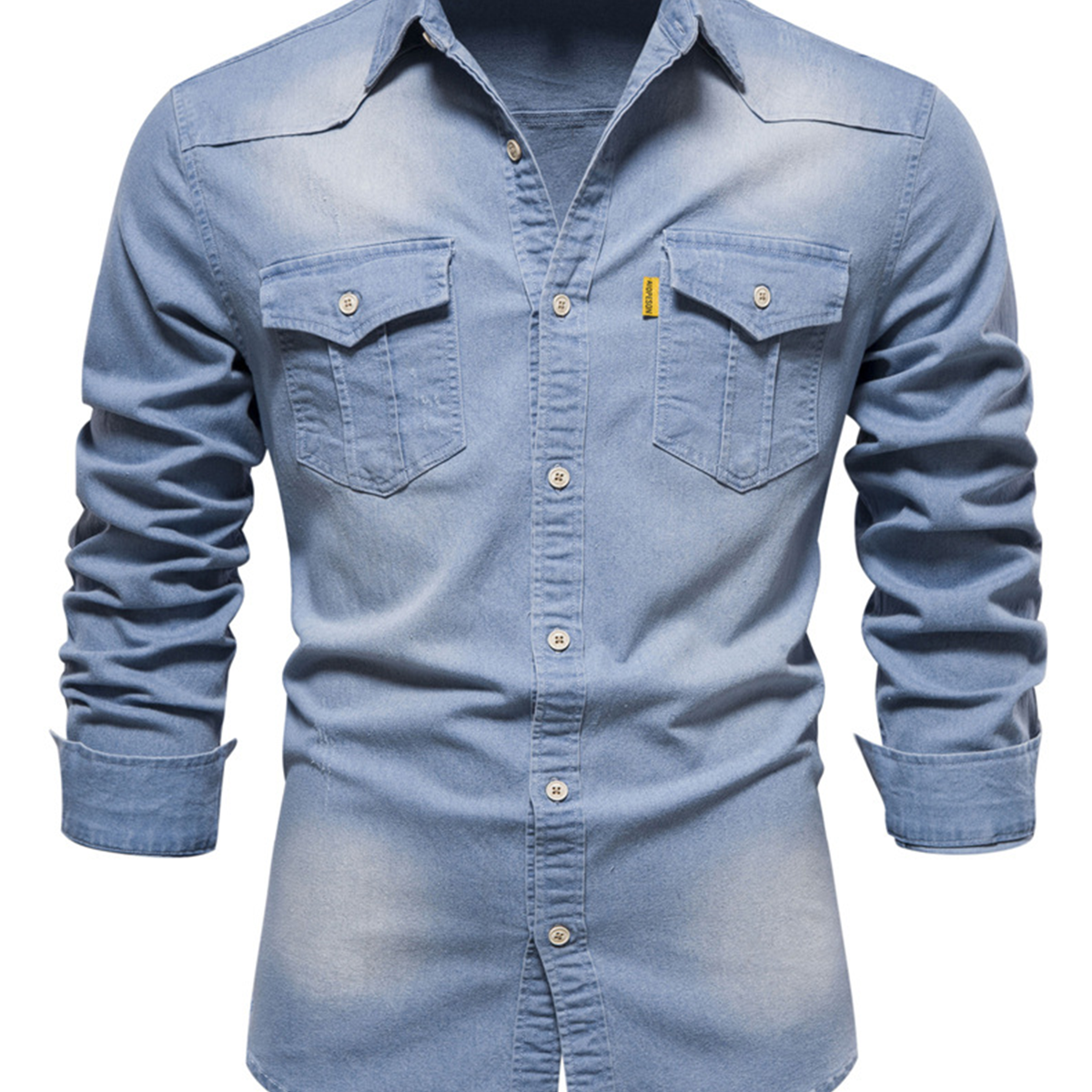 Chemise à manches longues décontractée en coton vintage avec poche en denim pour hommes