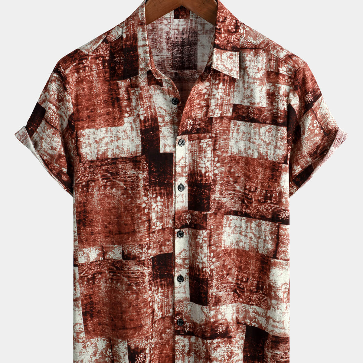 Chemise boutonnée d'été vintage en patchwork de coton à manches courtes rétro des années 70 pour hommes