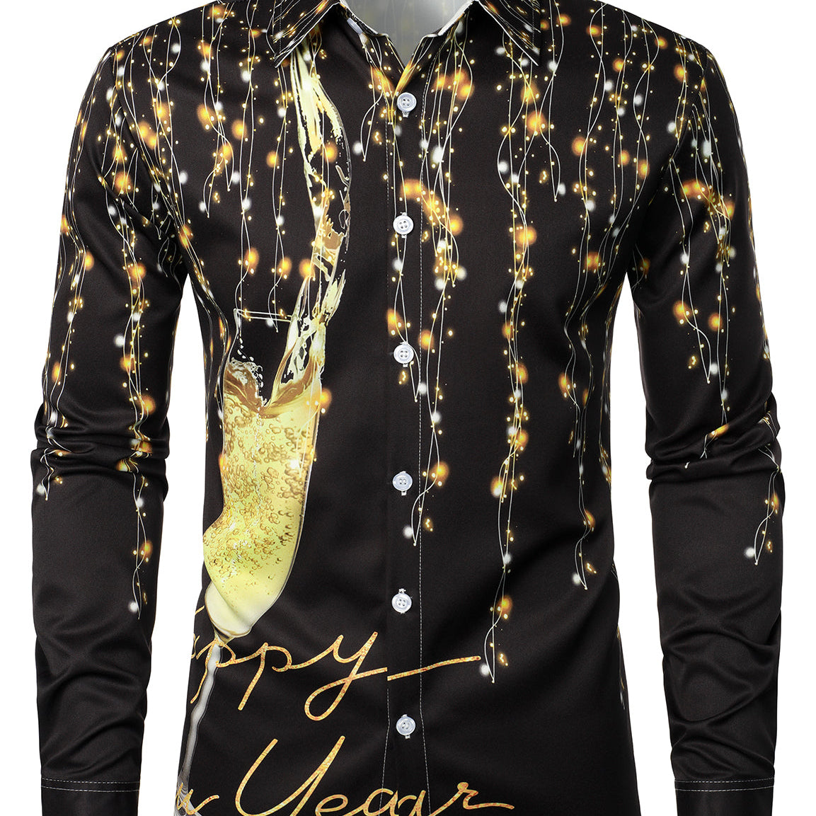Chemise noire à manches longues pour hommes, fête du réveillon du nouvel an, Cheers amusants, bouton de célébration du Champagne