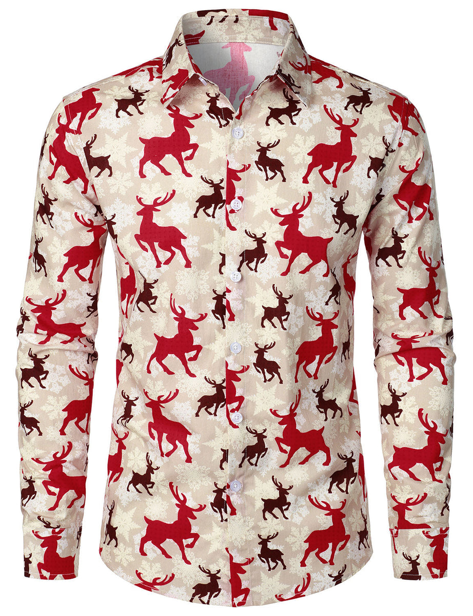 Chemise de Noel Homme à Revers, Blouse de Travail Homme Imprimé pour Noël,Top Homme Grandes Tailles Simple Boutons Chemises Col V Longsleeve de Noël Christmas Blouse Prints Loisirs La Mode Hauts