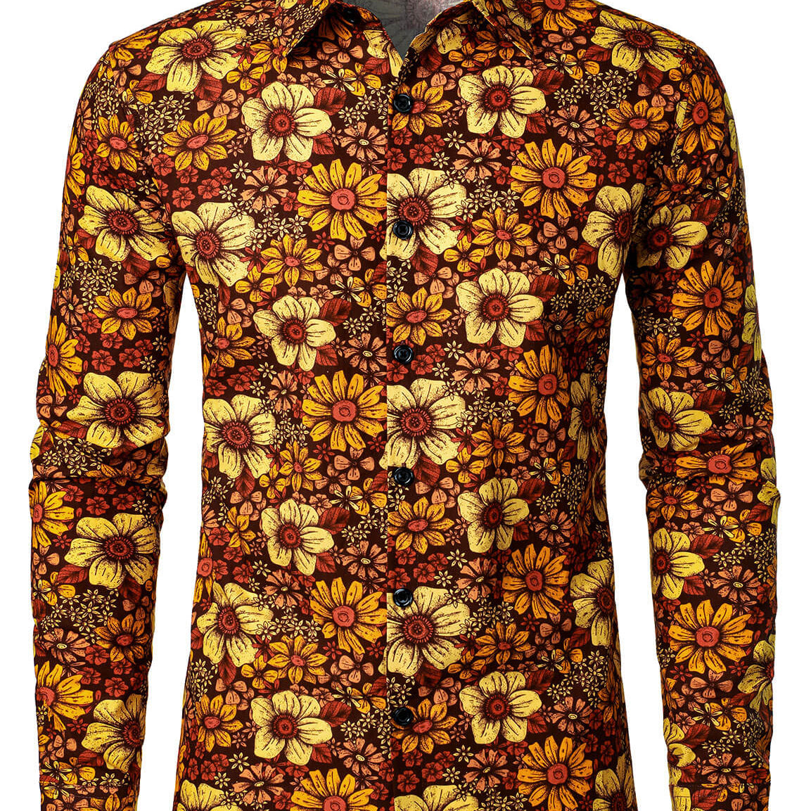 Chemise boutonnée à manches longues pour homme style rétro floral marron des années 70