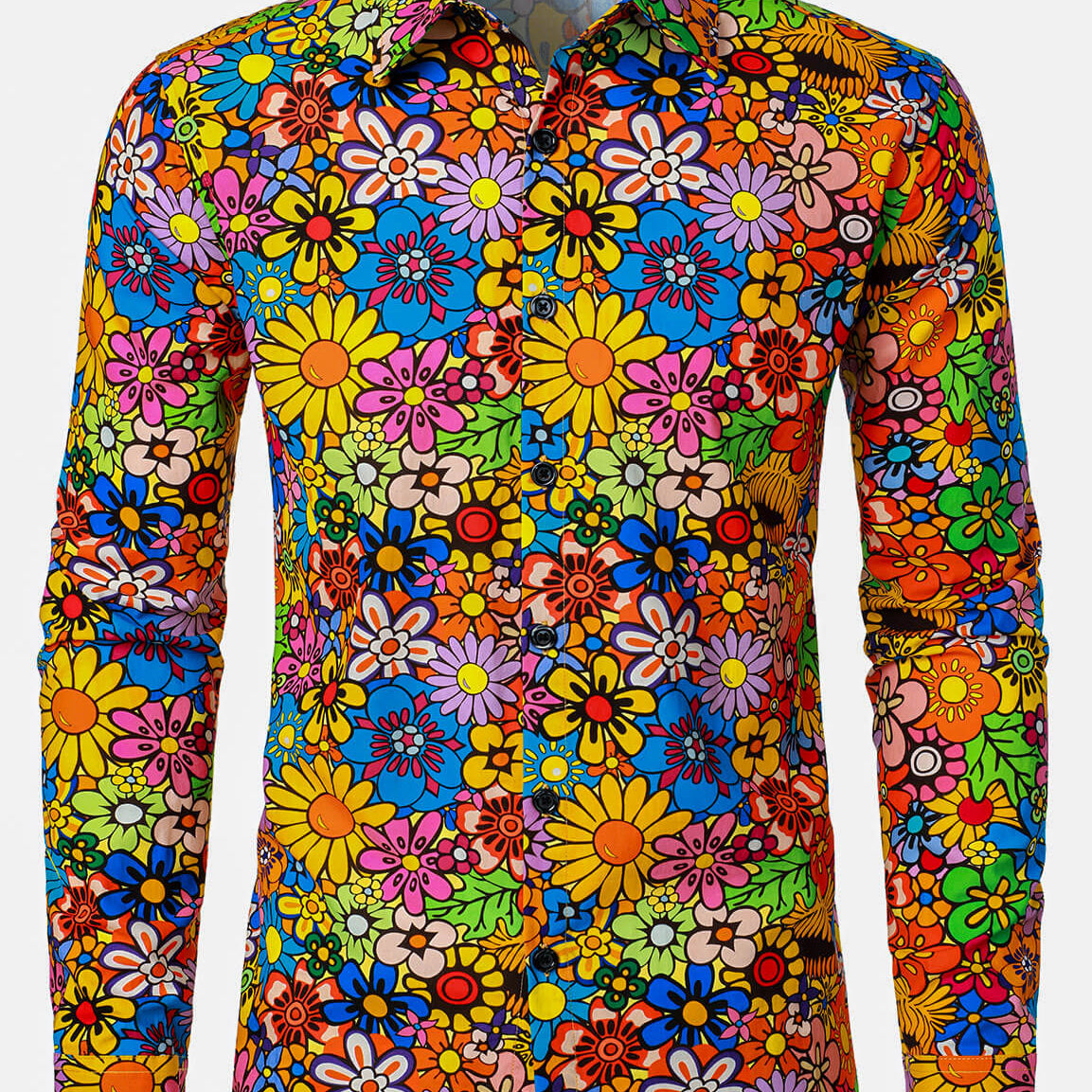 Chemise boutonnée à manches longues en coton à motif floral coloré vintage des années 70 pour homme
