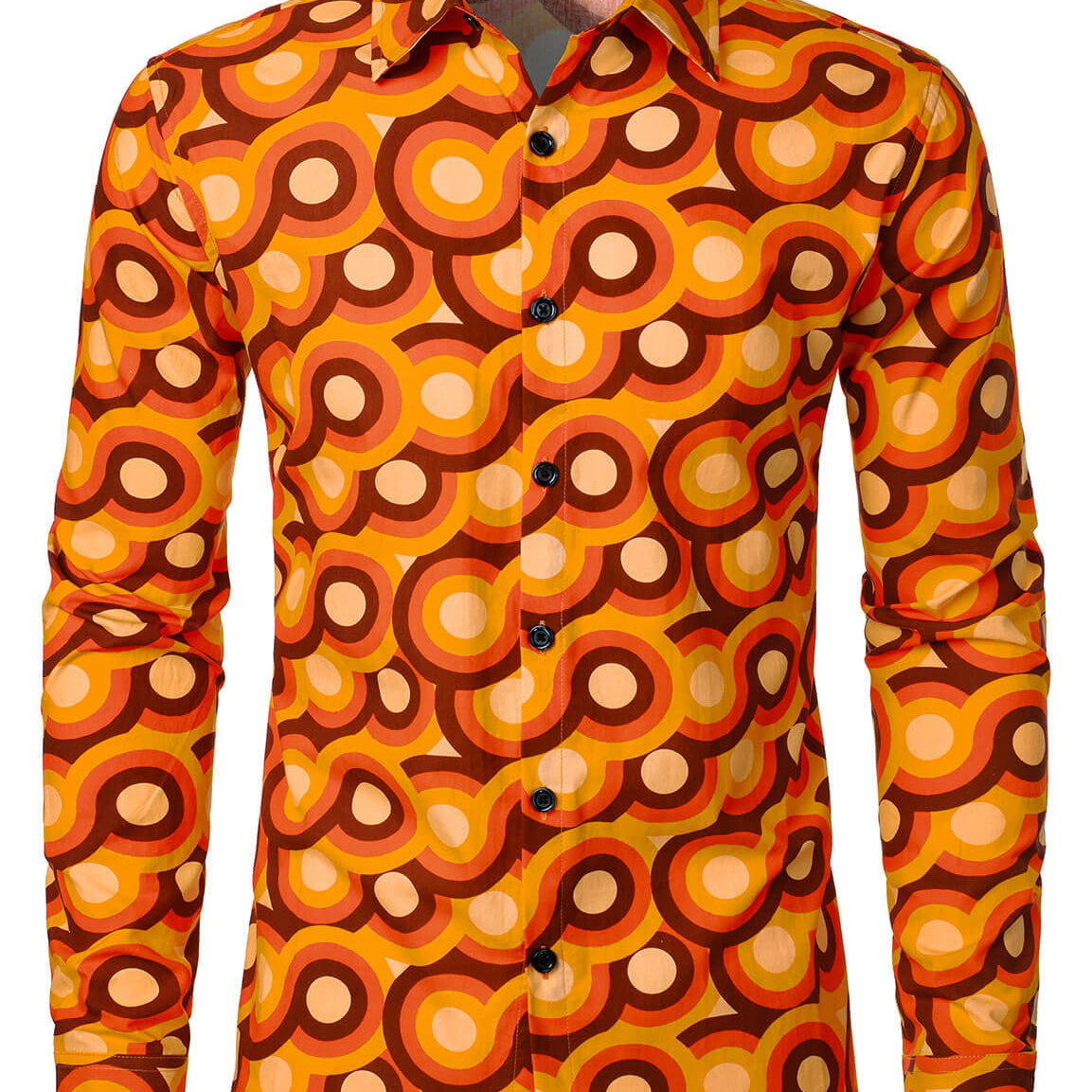 Chemise à manches longues à boutons rétro orange des années 70 pour homme, motif géométrique vintage