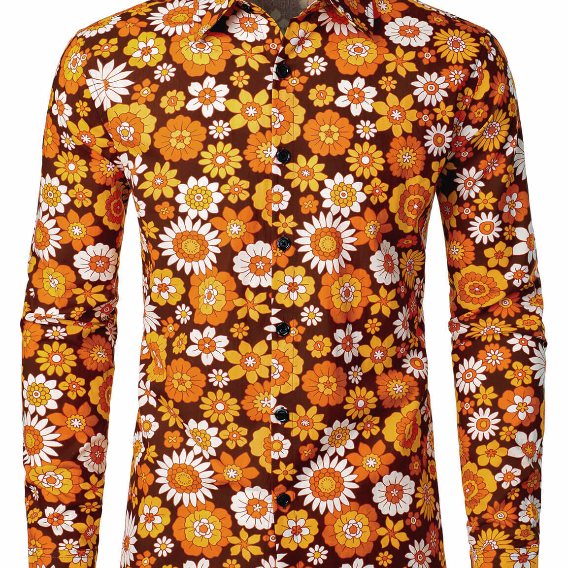 Chemise à manches longues boutonnée à motif floral vintage pour homme, thème disco des années 70