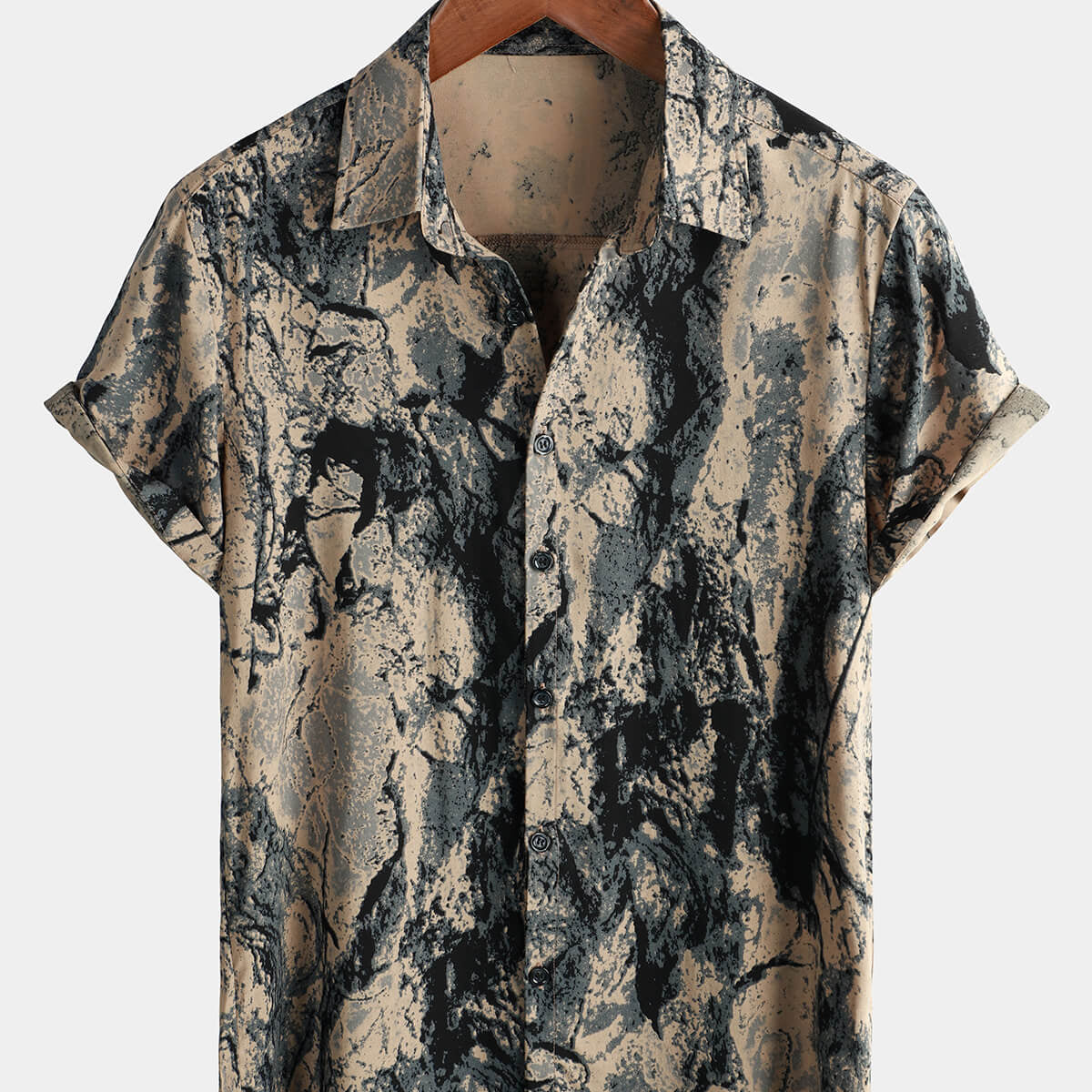 Chemise vintage décontractée à manches courtes pour hommes kaki rétro imprimé artistique