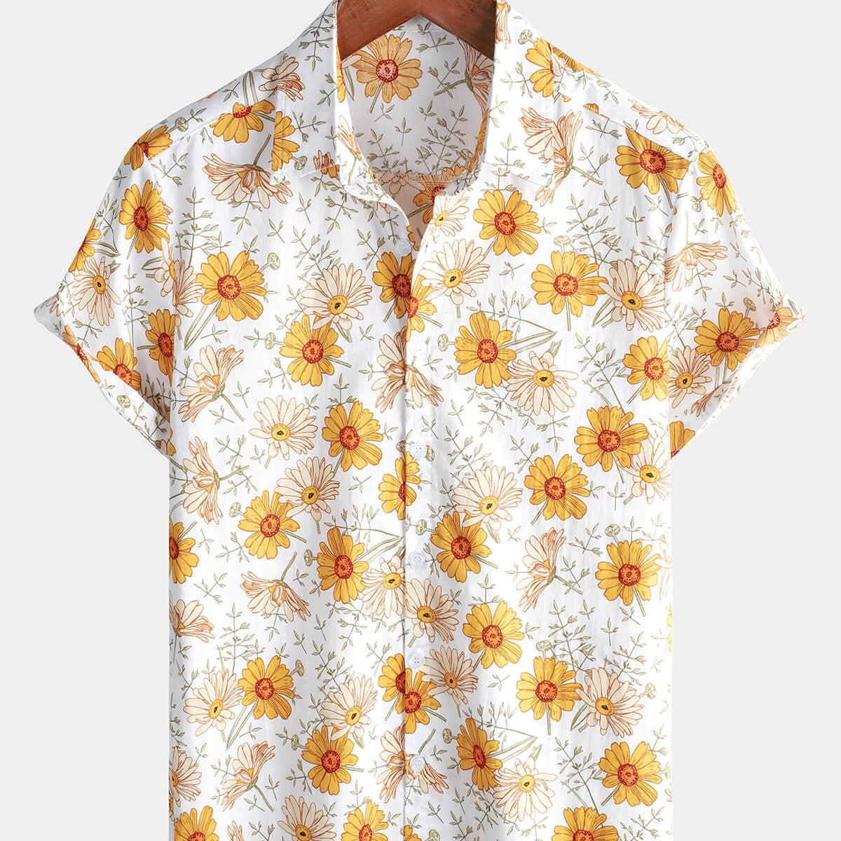 Chemise hawaïenne en coton d'été à manches courtes pour hommes, motif floral jaune