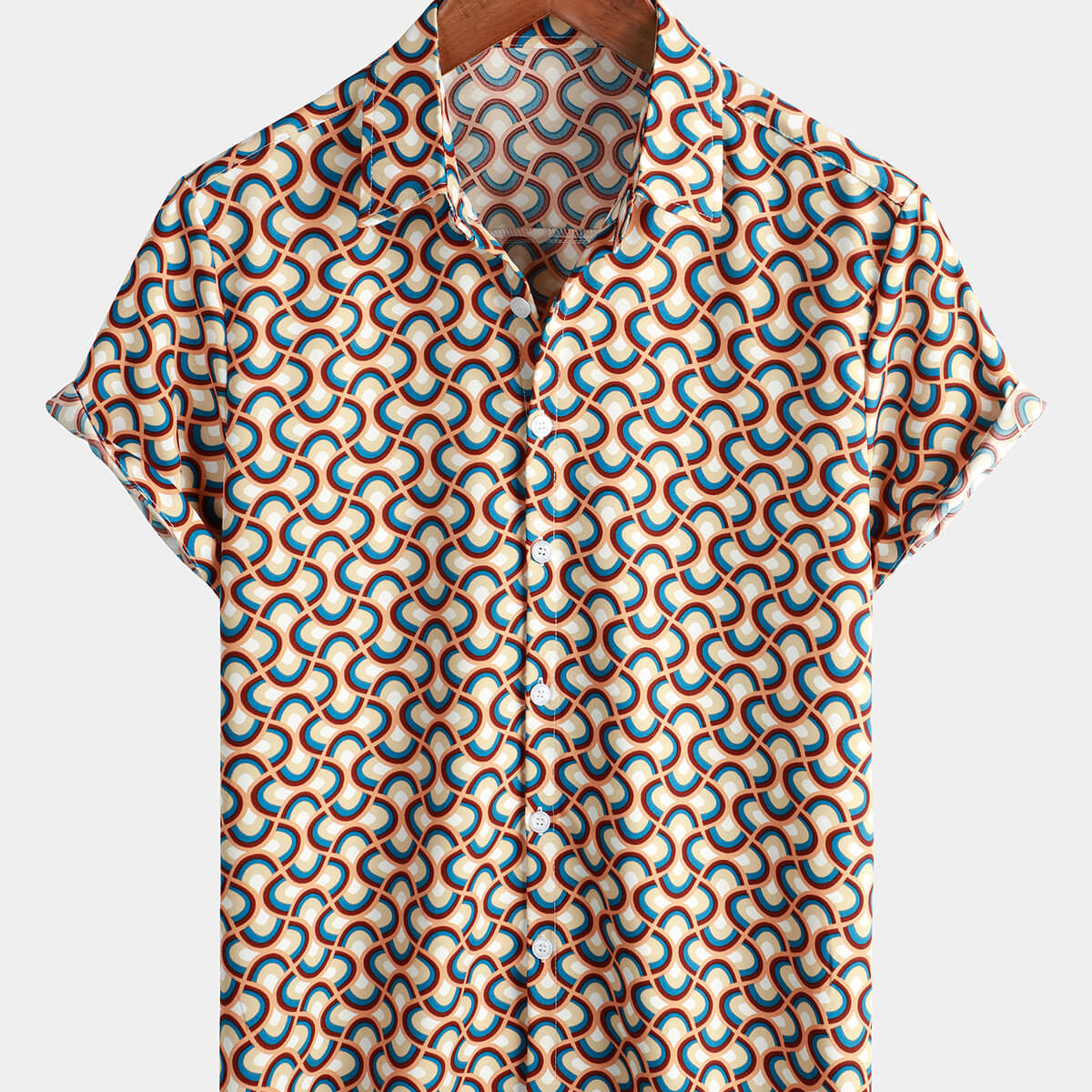 Chemise d'été à manches courtes rétro pour homme boutonnée avec motifs géométriques circulaires vintage idéale pour la plage