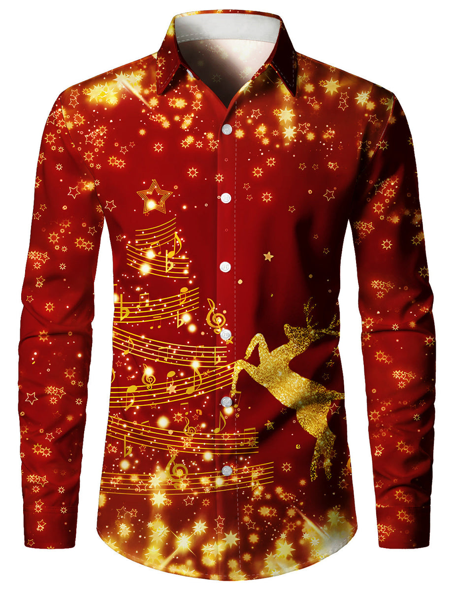 Chemise De Noël Homme – Manches Longues, Imprimé Drôle, Coupe Slim – Taille Asiatique (prendre 1-2 Tailles Au-dessus)