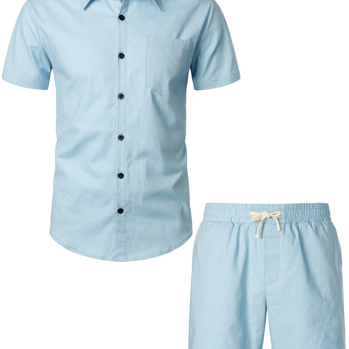 Ensemble chemise et short à manches courtes et short en lin et coton pour hommes, couleur unie, bleu marine