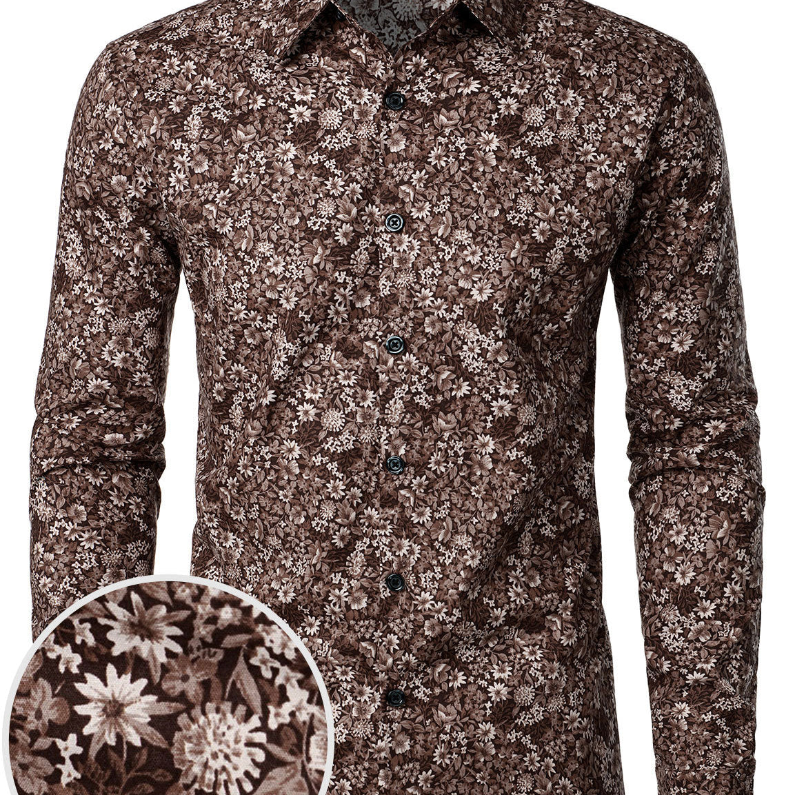 Chemise boutonnée à manches longues en coton à motif floral marron vintage pour homme