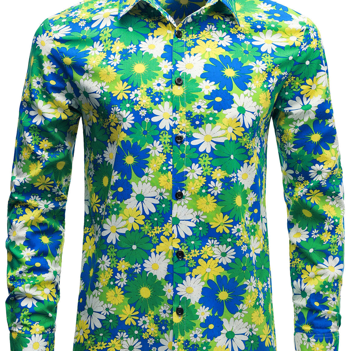 Chemise boutonnée à manches longues en coton vert à fleurs pour hommes