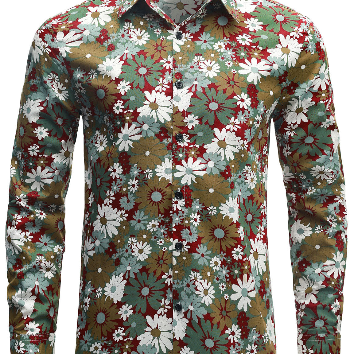 Chemise boutonnée à manches longues en coton à fleurs kaki pour homme