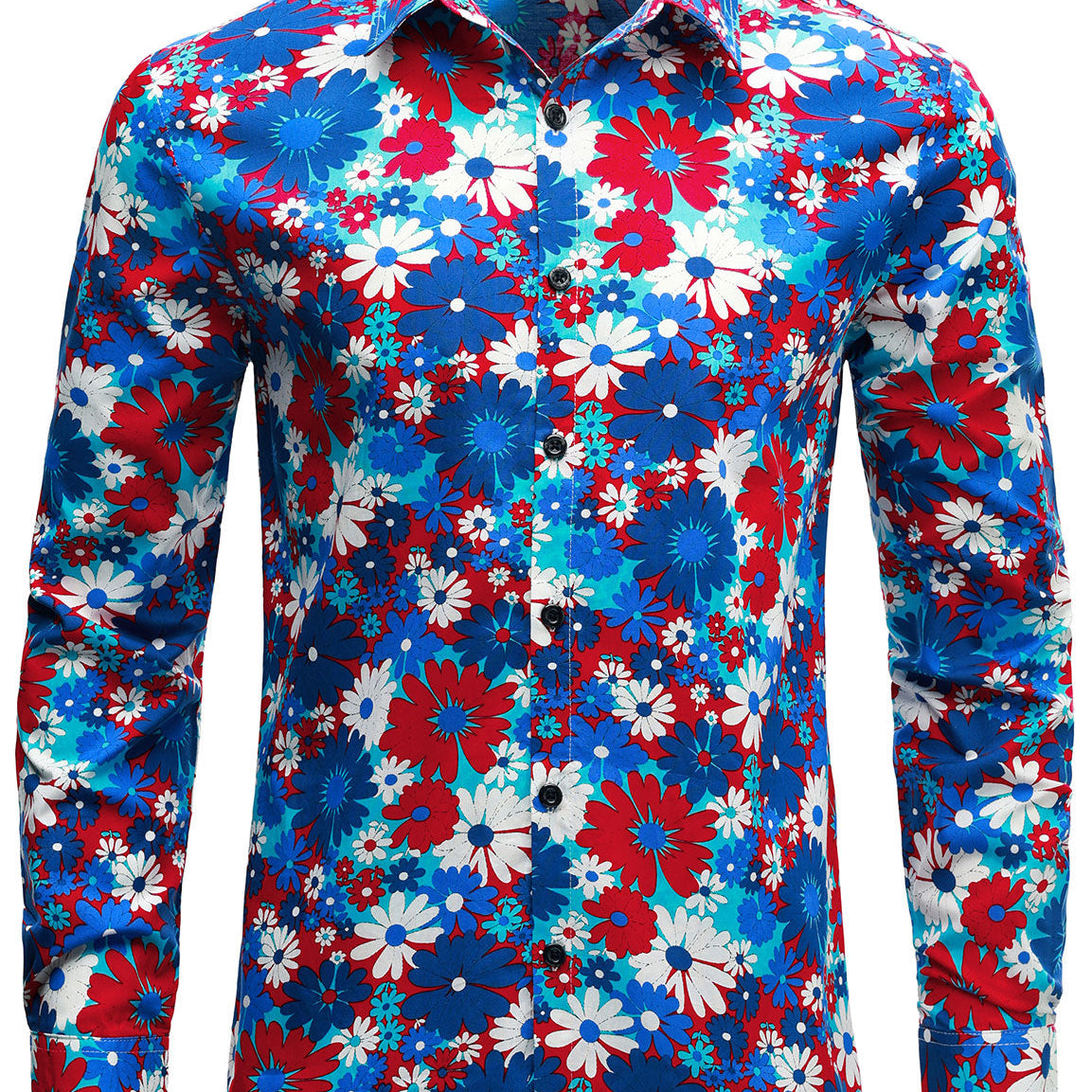 Chemise boutonnée à manches longues en coton bleu à motif floral pour homme