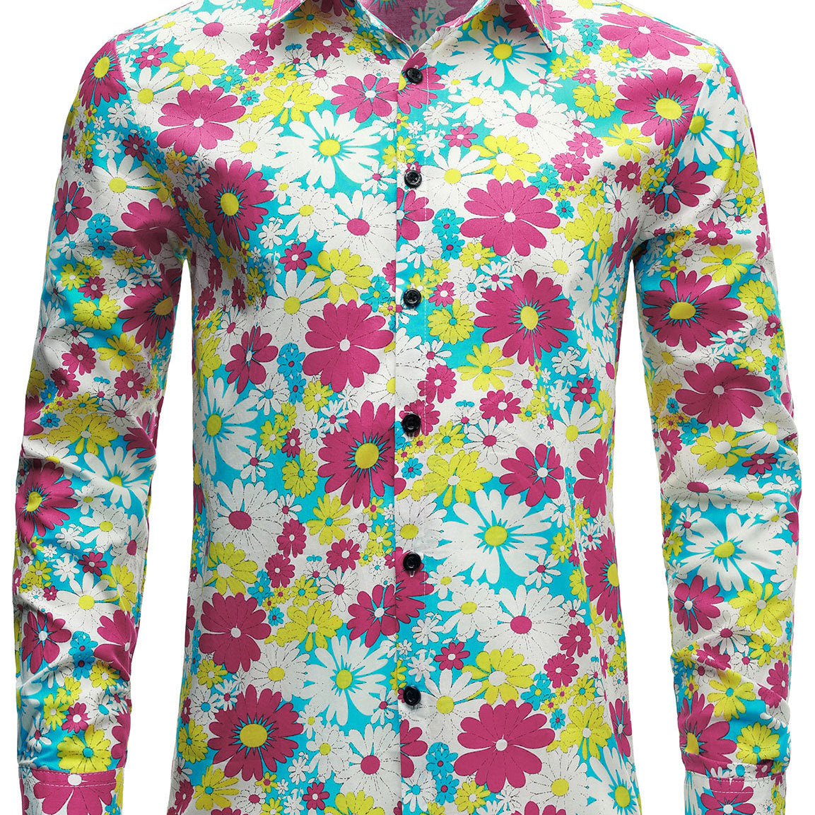 Chemise boutonnée à manches longues en coton rose à motif floral vintage pour homme