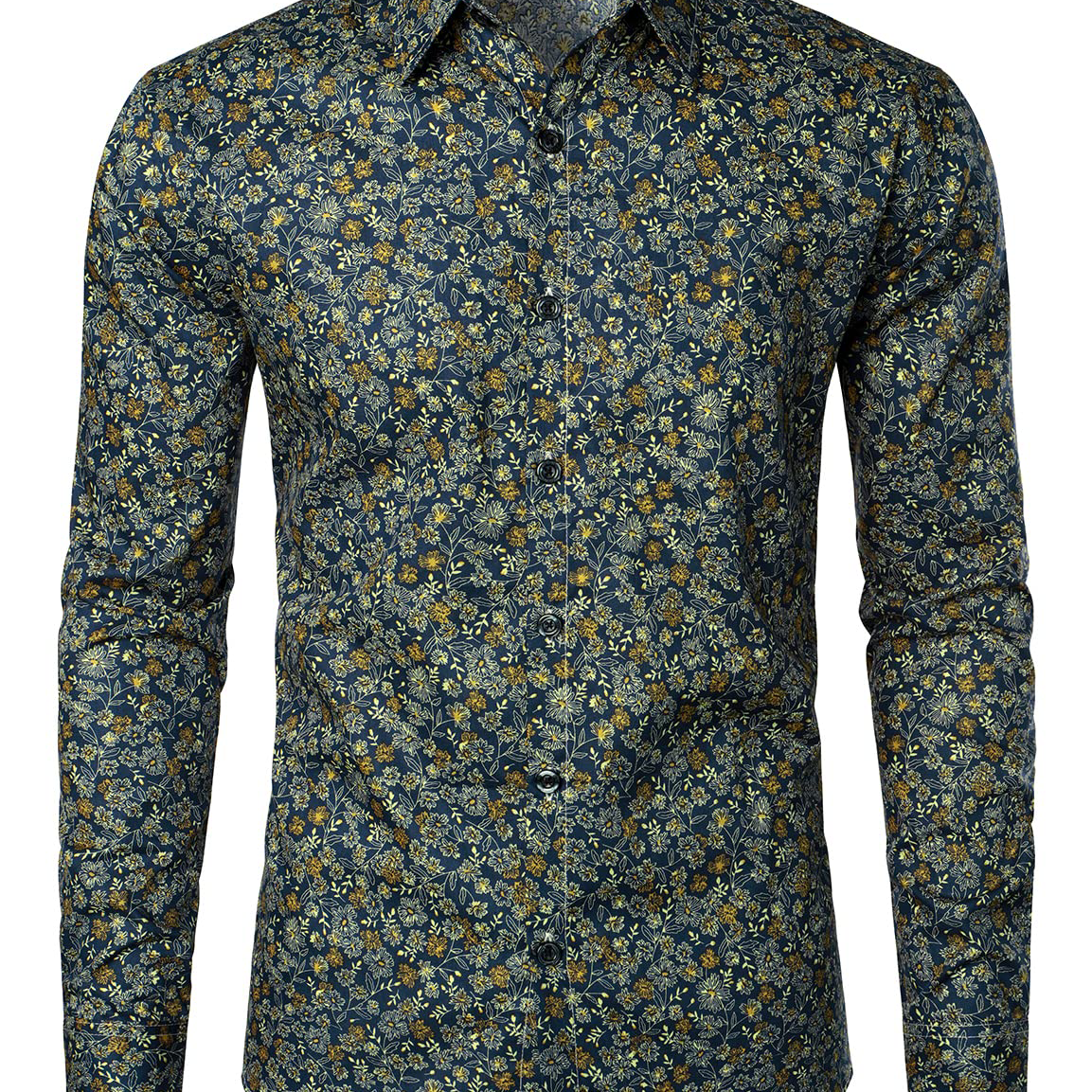 Hommes Bleu Marine Vintage Coton Floral Respirant Bouton Fleur Chemise à manches longues