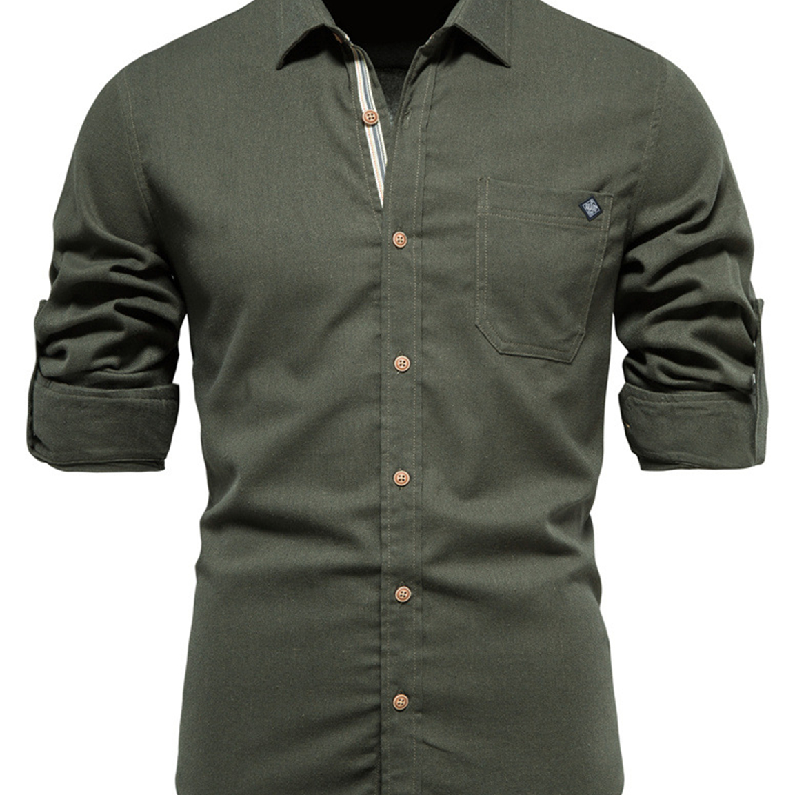 Chemise décontractée à manches longues boutonnée en coton de couleur unie pour hommes