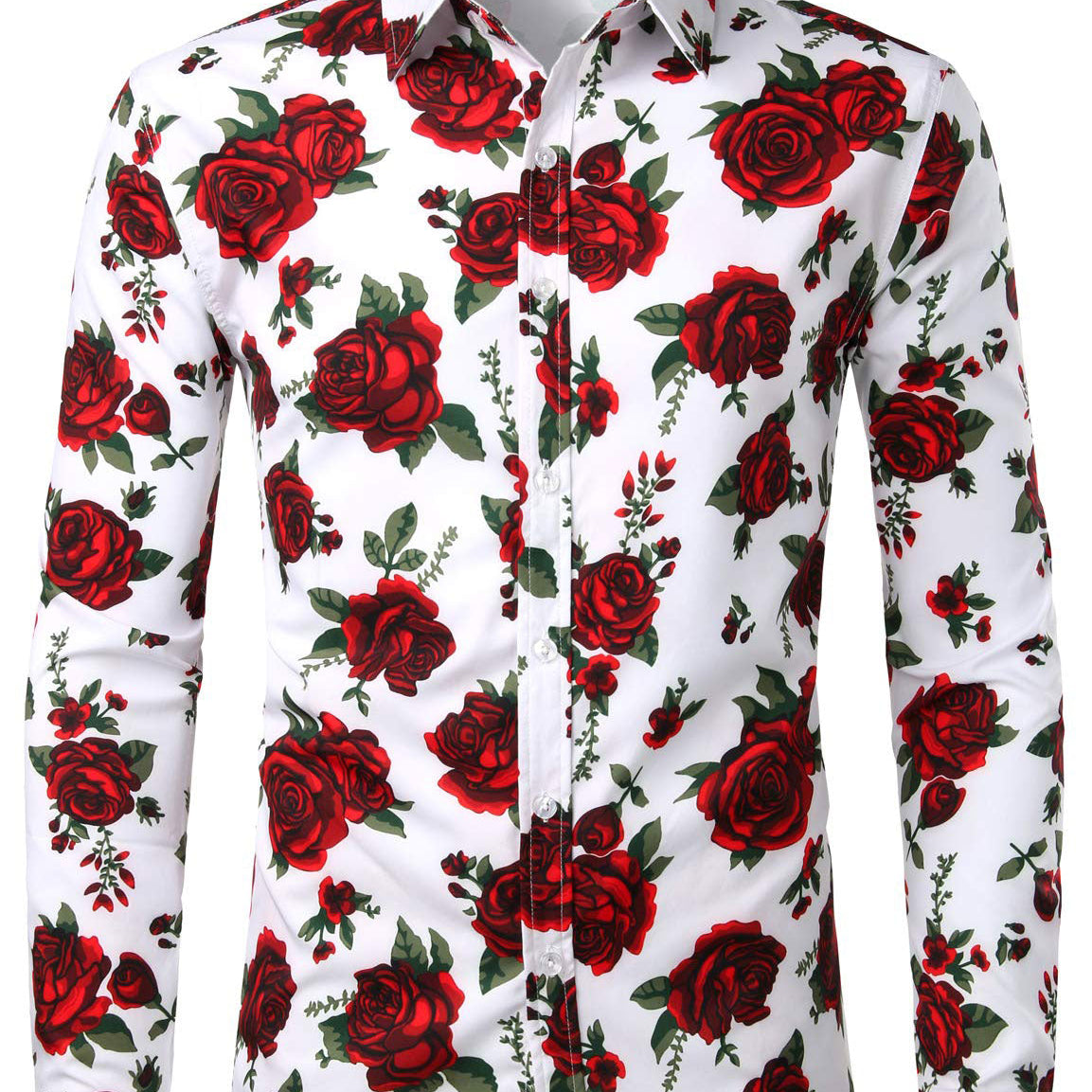 Chemise à manches longues boutonnée décontractée pour hommes avec motif rose rouge