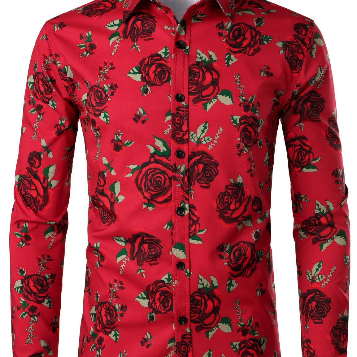 Chemise boutonnée décontractée à manches longues pour hommes avec motif de rose rouge vintage