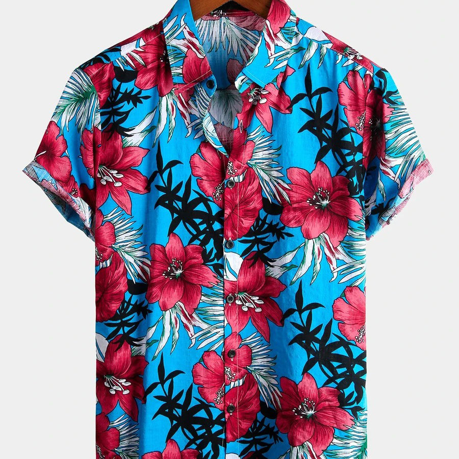 chemise d'homme en pur coton à imprimé style de vacances hawaïennes