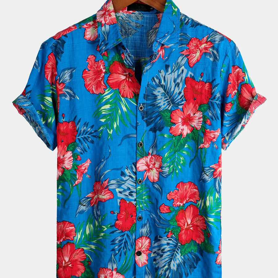 chemise d'homme en pur coton à imprimé style de vacances hawaïennes