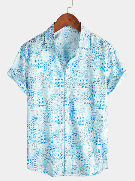 Chemise à manches courtes bleue à imprimé floral en coton vintage pour hommes