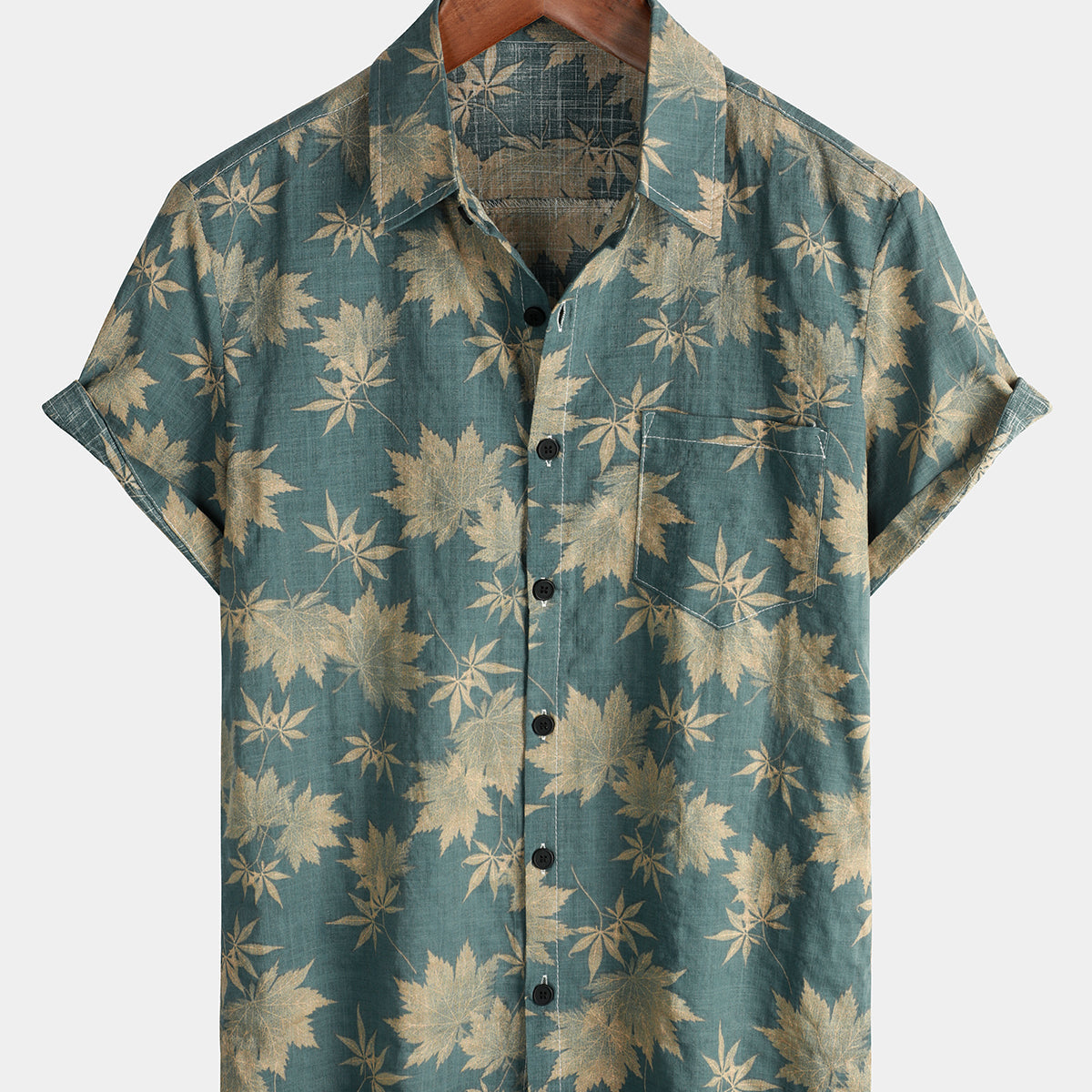 Chemise d'été à manches courtes avec poche en coton et feuille d'érable pour hommes