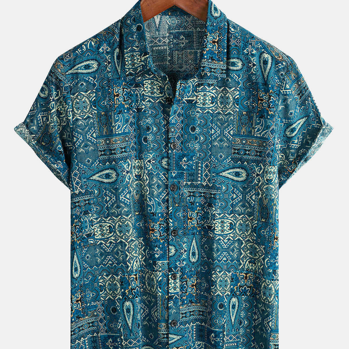 Chemise boutonnée bleu rétro à manches courtes pour hommes