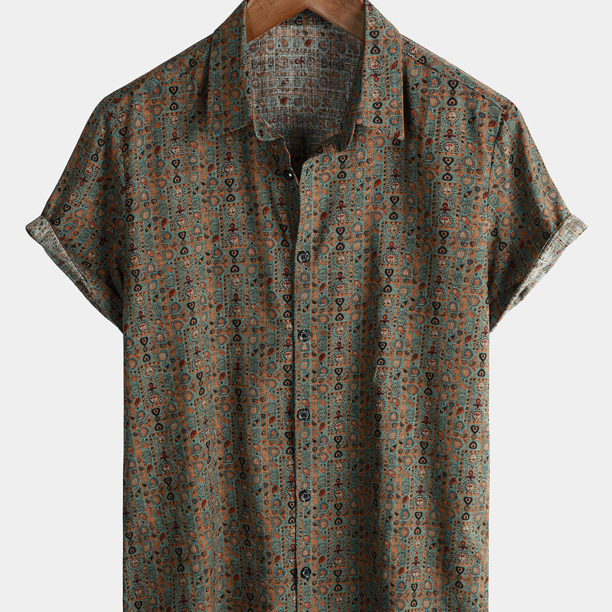 Chemise à manches courtes rétro tribale bohème marron à imprimé cachemire vintage pour homme des années 70