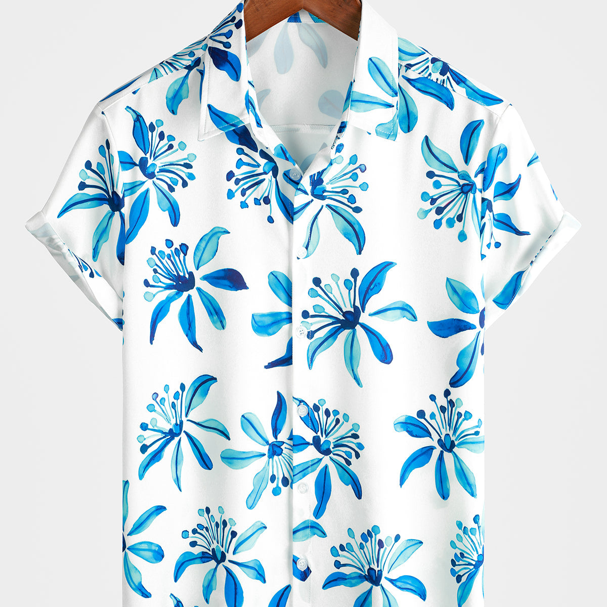 Hommes Bule Fleur Casual Floral Bouton Up Manches Courtes Summer Holiday Beach Shirt