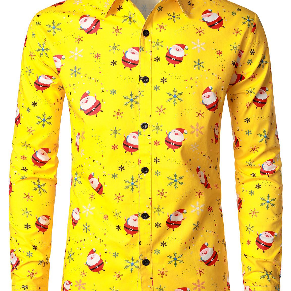 Chemise à manches longues jaune en coton doux à imprimé Père Noël pour homme
