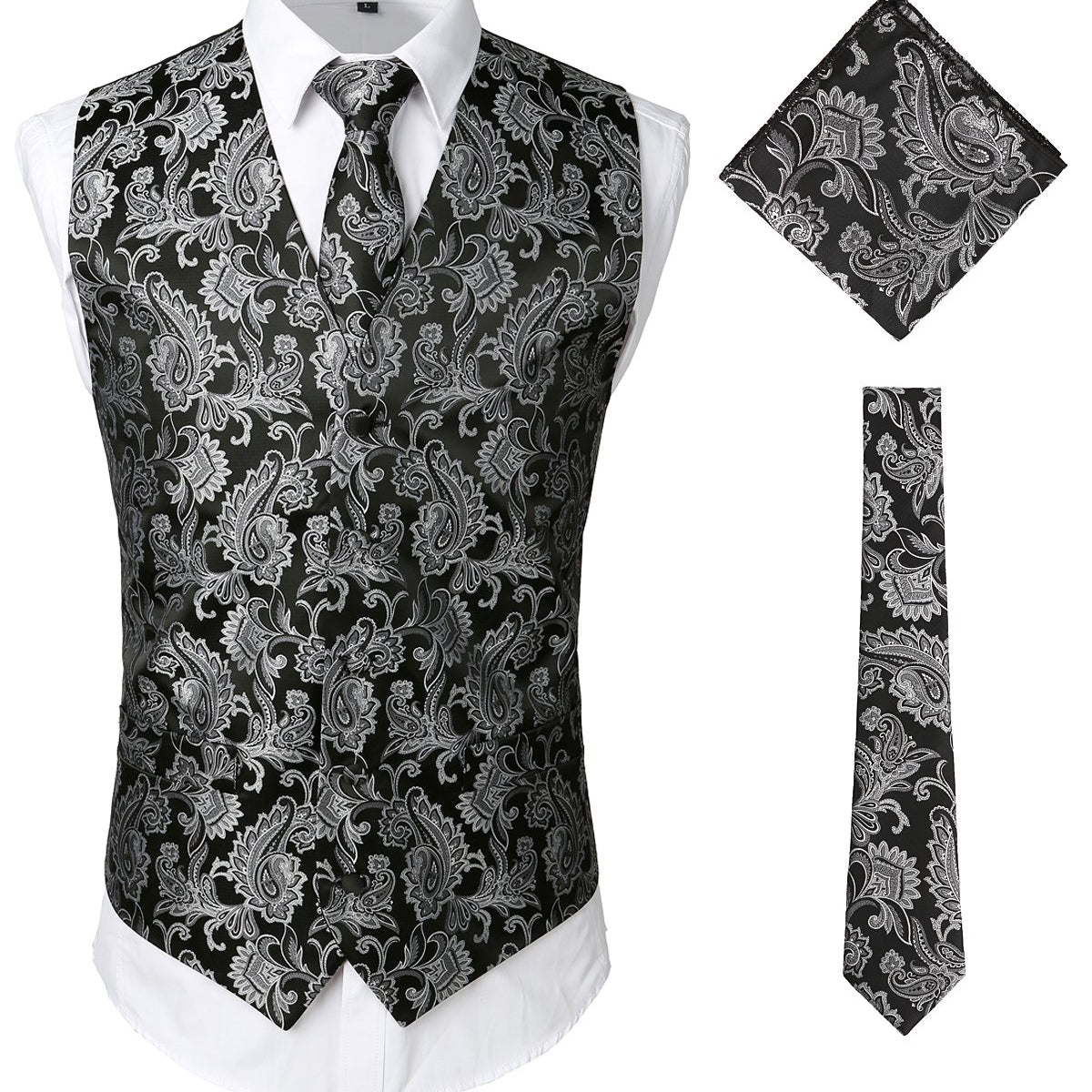 Ensemble de 3 pièces pour hommes Paisley Gilet cravate pour costume ou smoking
