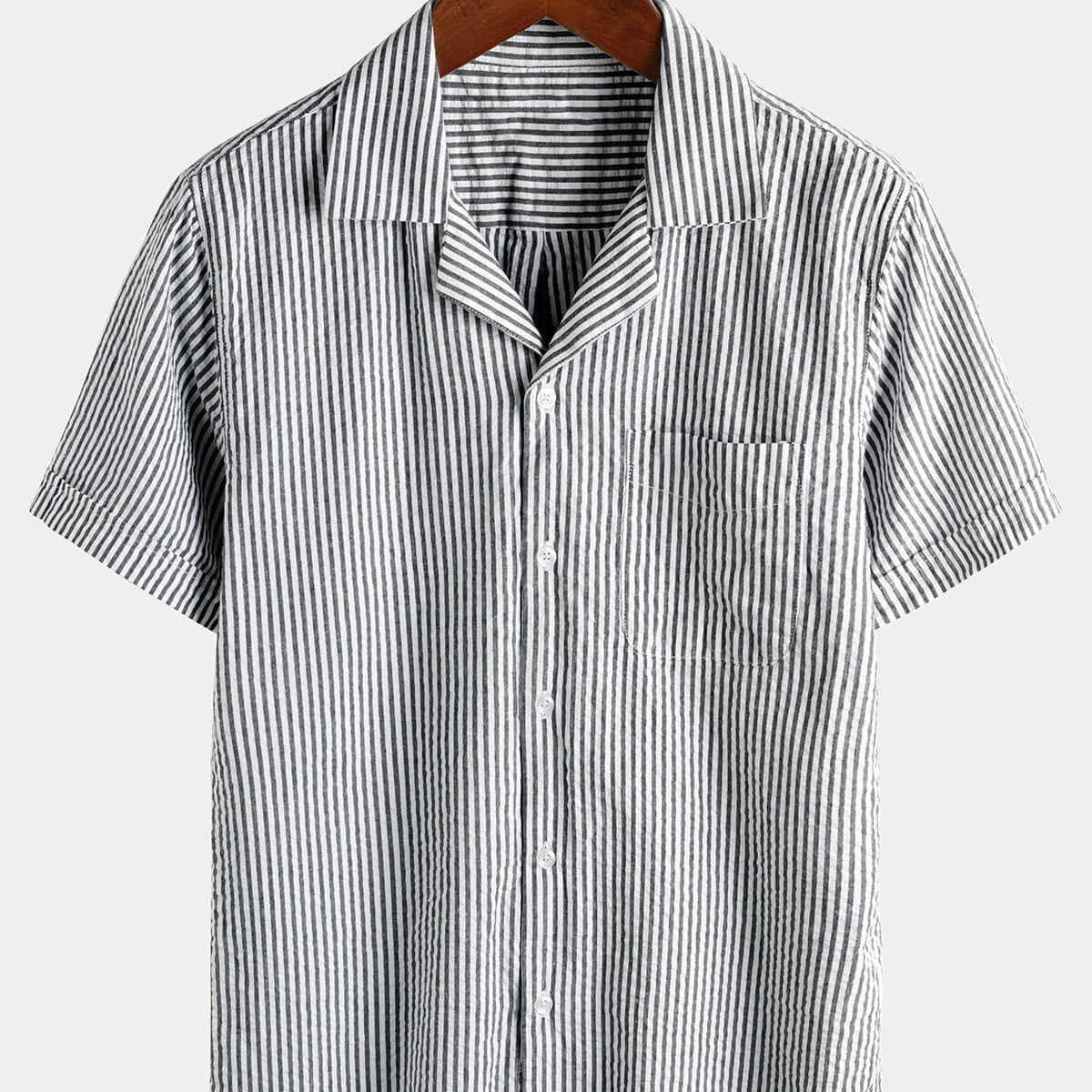Chemise de plage à manches courtes en coton rayé pour hommes Up Summer Cuban Collar Camp Chemise de plage à manches courtes