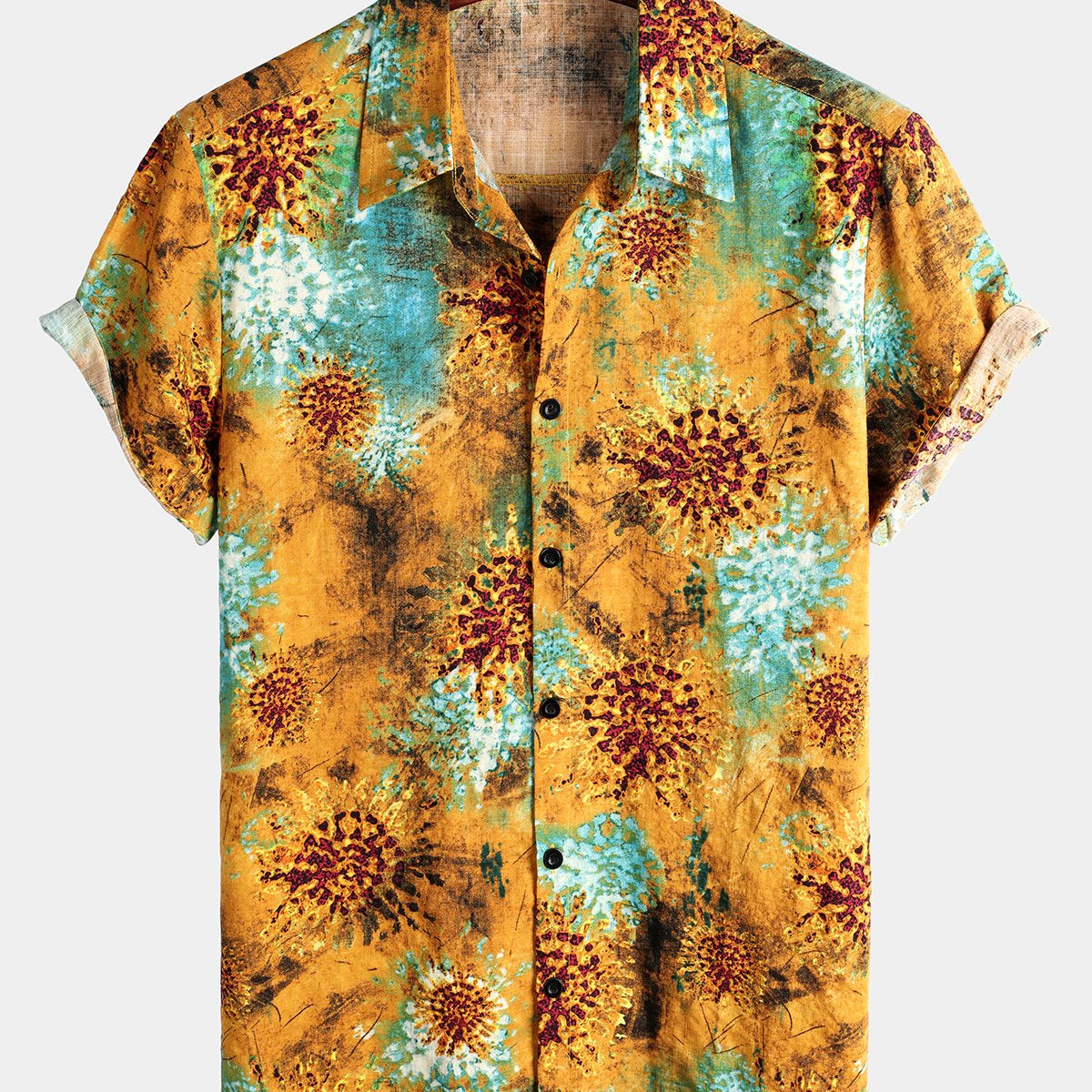 Chemise décontractée à manches courtes en coton vintage jaune pour hommes