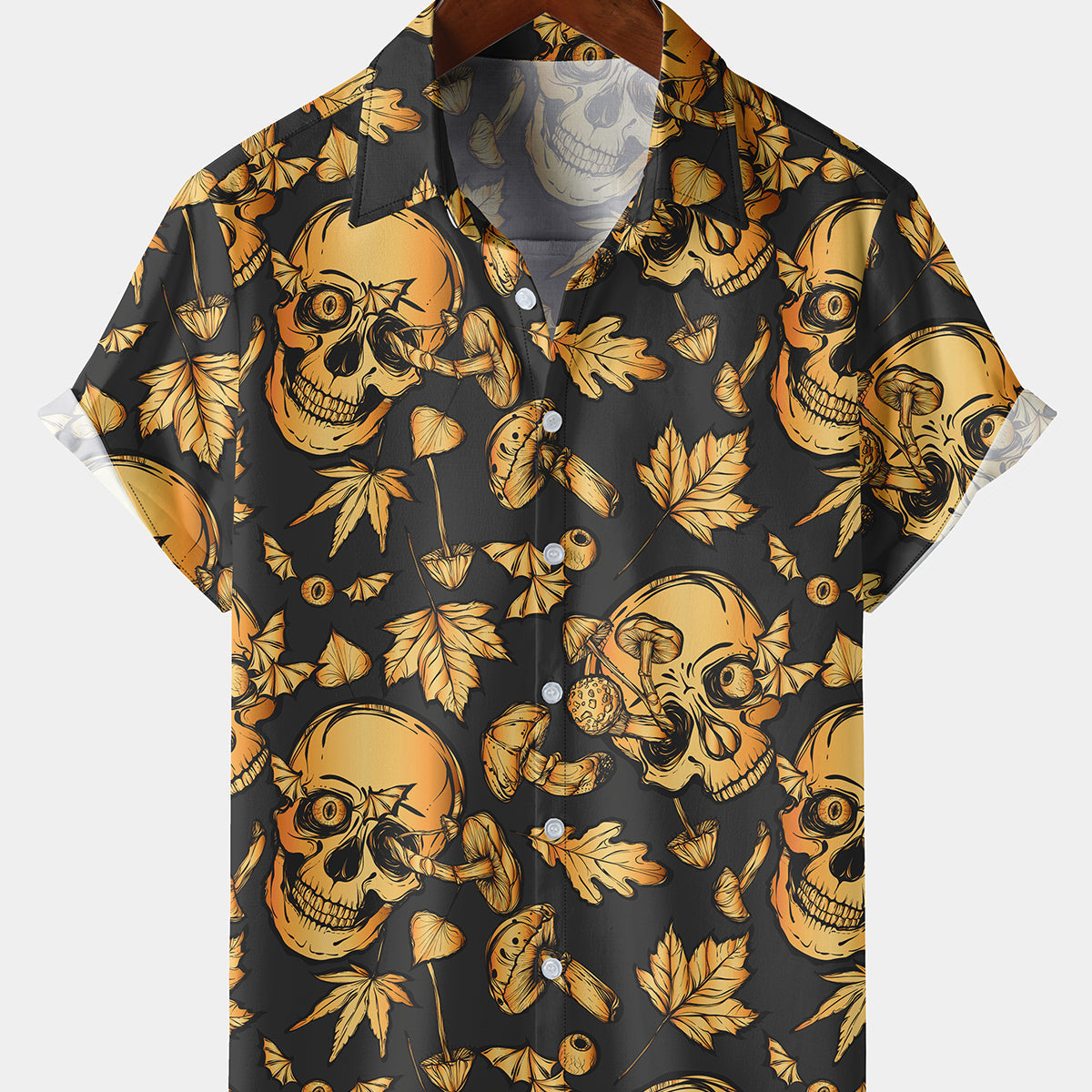 Chemise d'été à manches courtes pour homme avec motif de crâne rockabilly amusant et inspiré d'érable et de champignon idéal pour les fêtes et les vacances
