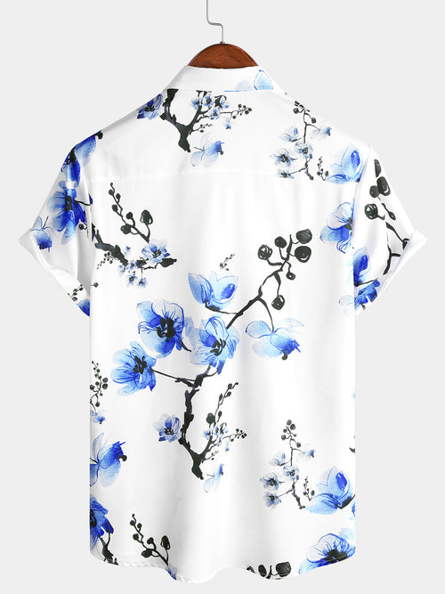 Chemise décontractée à manches courtes à fleurs de cerisier à imprimé floral bleu pour hommes