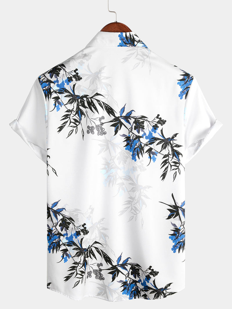 Chemise boutonnée à manches courtes pour hommes, imprimé fleuri bleu, fleurs d'été