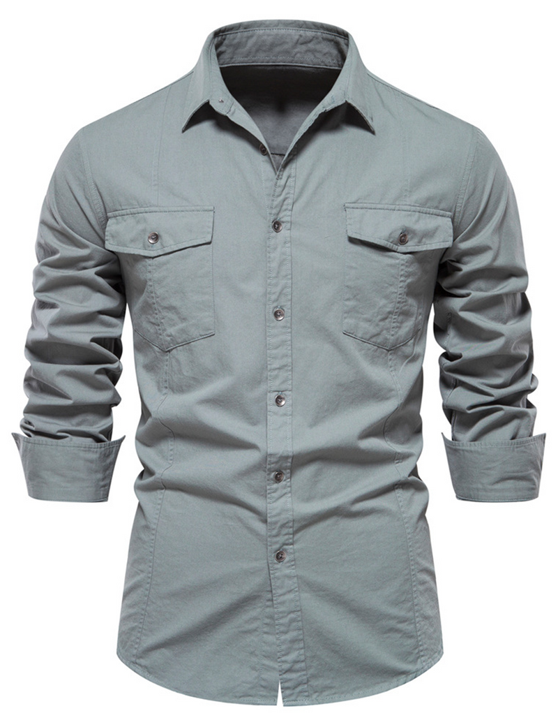 Chemise à manches longues décontractée en coton pour hommes avec poche extérieure
