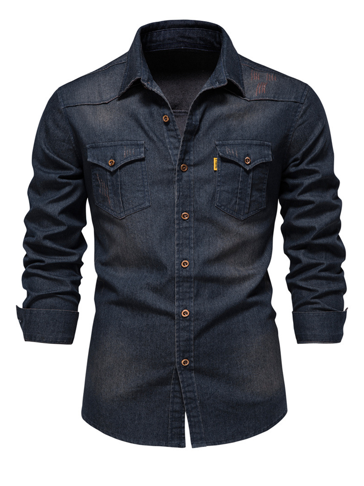 Chemise à manches longues décontractée en coton vintage avec poche en denim pour hommes