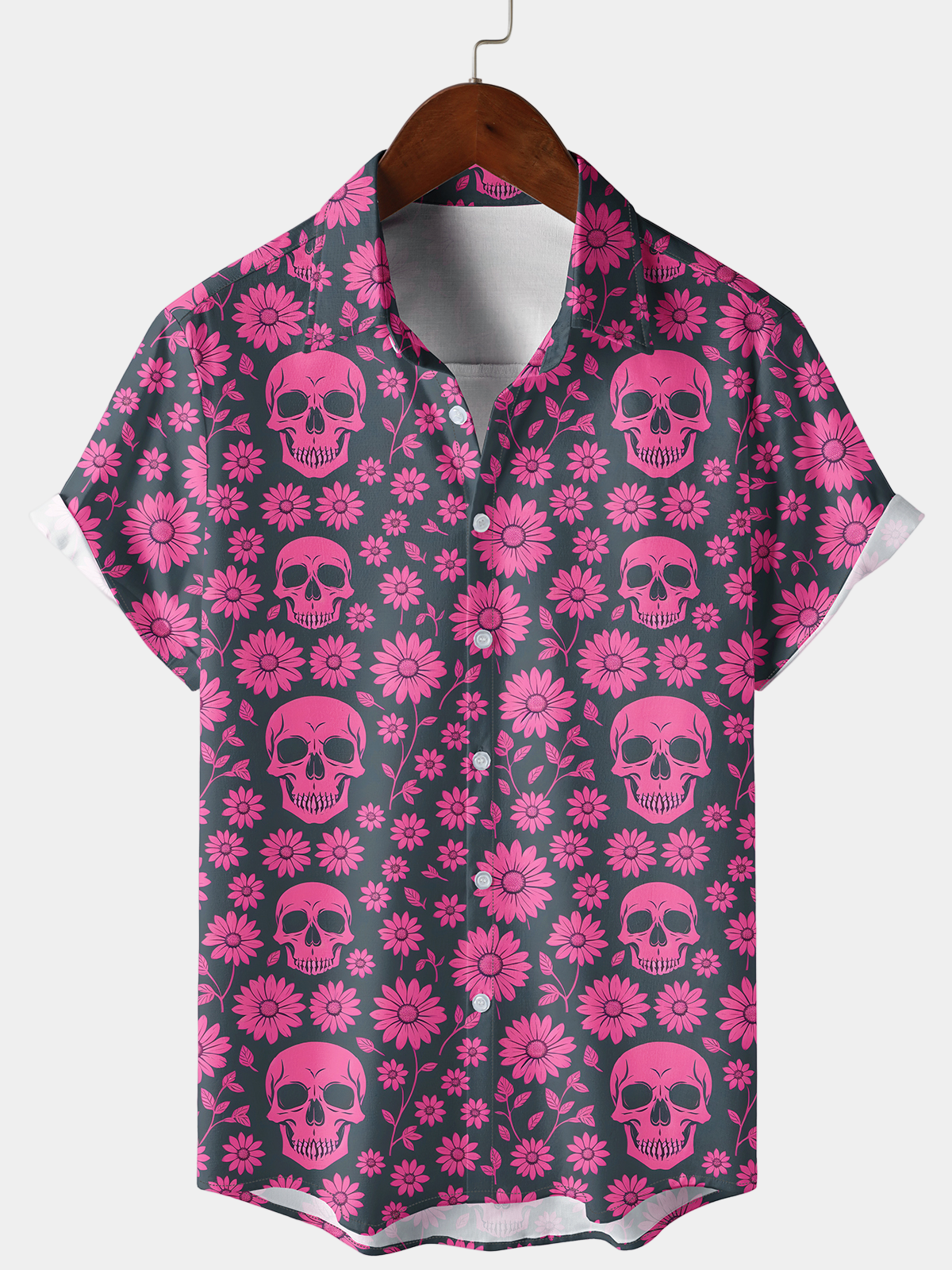 Chemise d'été à manches courtes pour homme avec motif de crâne rose et fleurs de marguerite boutonnée pour les vacances