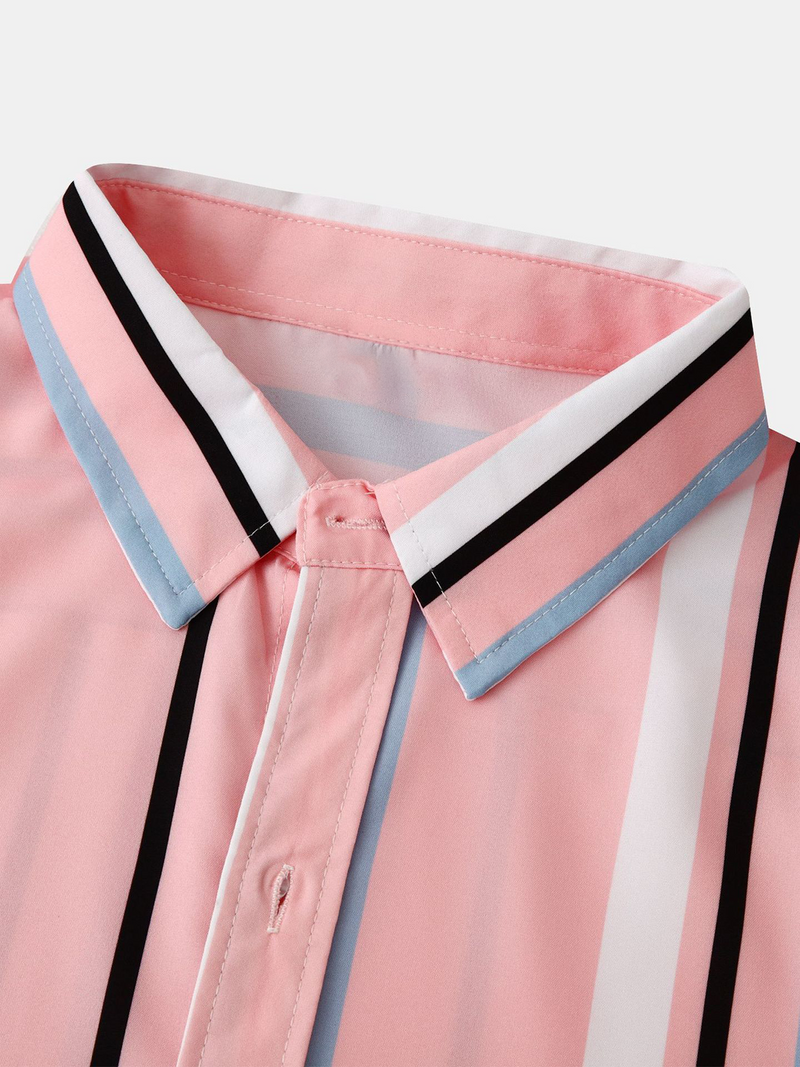 Chemise à manches courtes décontractée d'été boutonnée à rayures verticales rose pour hommes