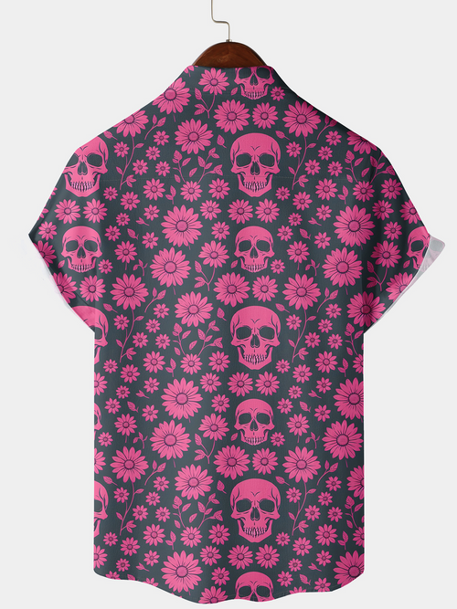 Chemise d'été à manches courtes pour homme avec motif de crâne rose et fleurs de marguerite boutonnée pour les vacances