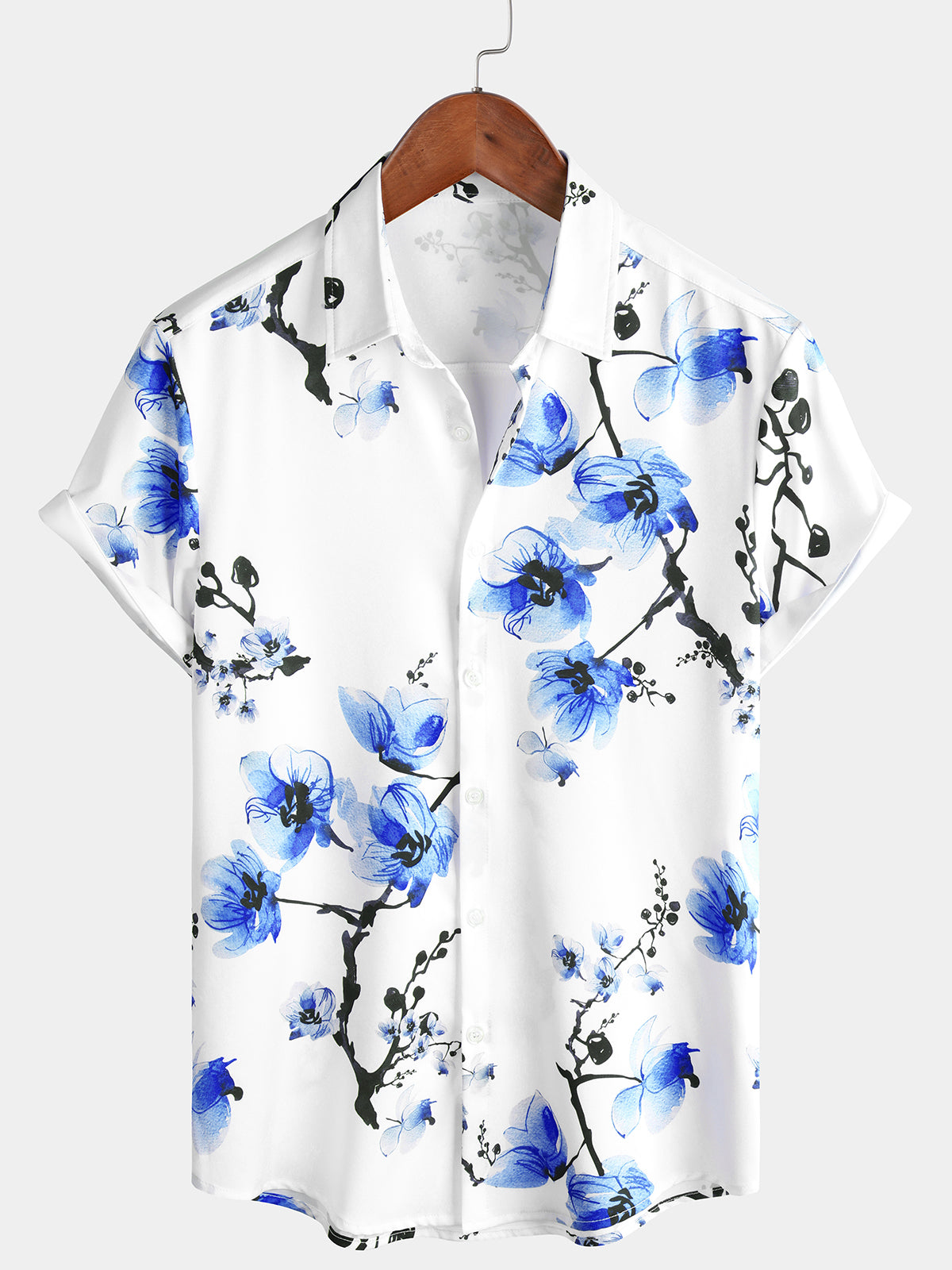 Chemise décontractée à manches courtes à fleurs de cerisier à imprimé floral bleu pour hommes