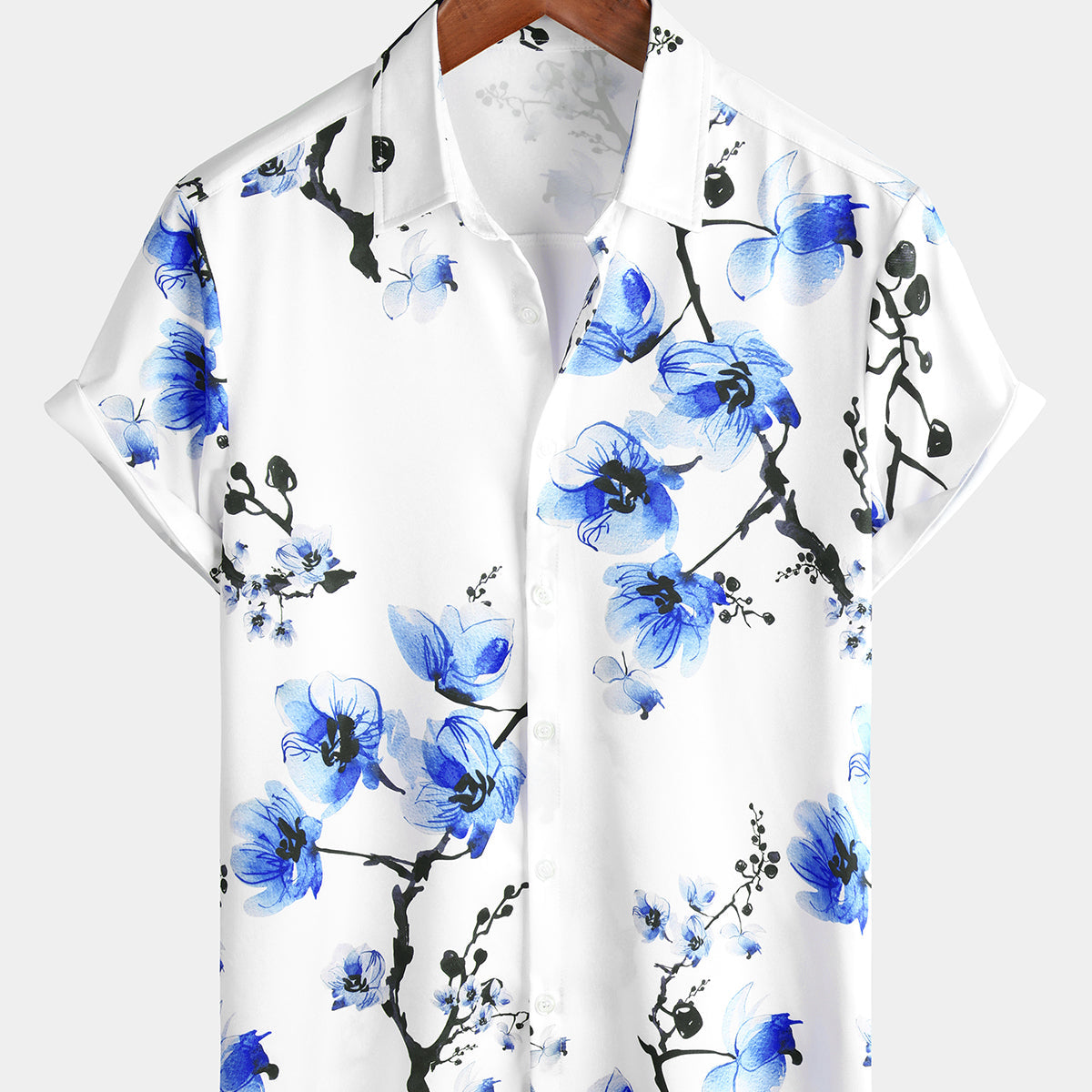 Chemise décontractée à manches courtes à fleurs de cerisier à imprimé floral bleu pour hommes