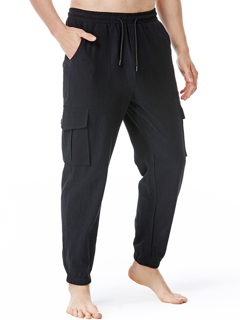 Pantalon décontracté en coton avec poches respirantes de couleur unie pour hommes