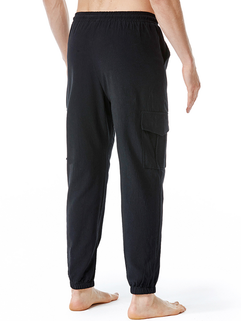 Pantalon décontracté en coton avec poches respirantes de couleur unie pour hommes