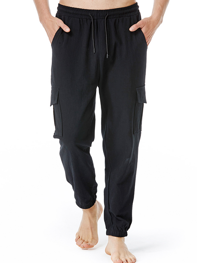 Pantalon décontracté en coton avec poches respirantes de couleur unie pour hommes