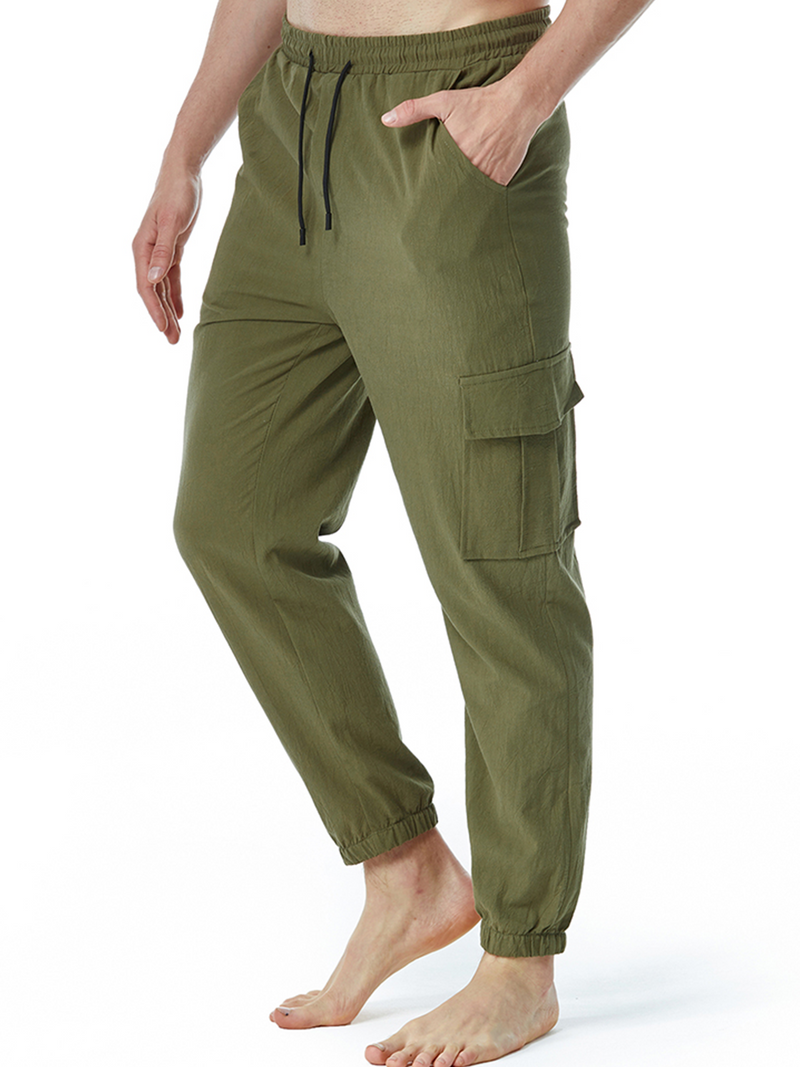 Pantalon décontracté en coton avec poches respirantes de couleur unie pour hommes